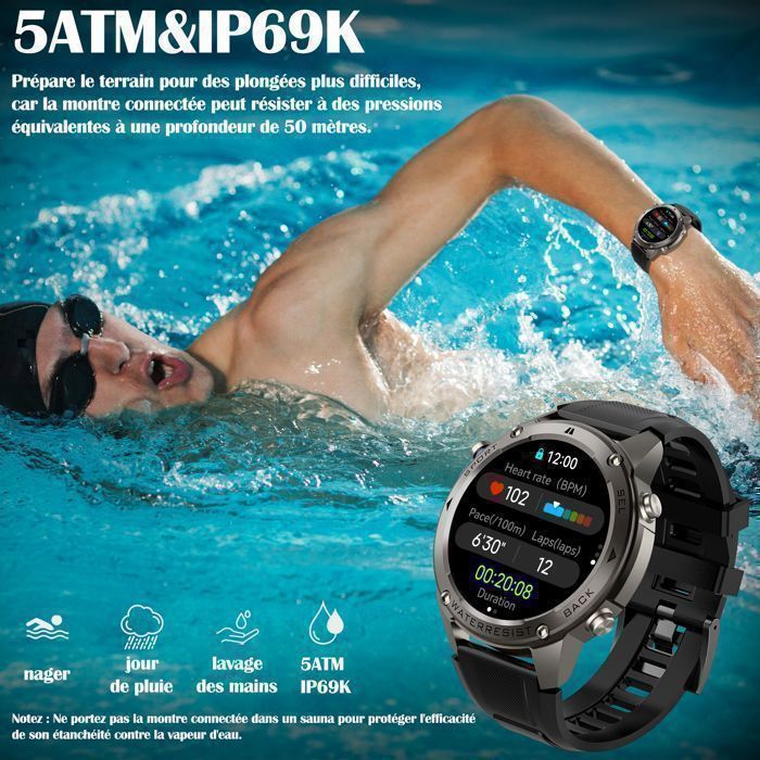 Montre connectée KT85 Écran AMOLED Étanche 5ATM Certifiée Appel BT Lampe torche puissante Batterie longue durée Sport Montre connectée d'extérieur