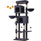 FEANDREA Grand Arbre à Chat, Hauteur 175 cm, avec 2 Niches, 2 Paniers, 5 Griffoirs, Toilettage Autonome, Perchoir, Hamac, Gris Foncé