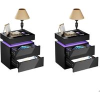 Lot de 2 Table de Chevet LED Noir-Table de Nuit avec Rangement - 2 Tiroirs - Brillant - 45x35x52cm