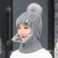 Femmes laine tricoté chapeau Ski chapeau ensembles pour femme coupe-vent hiver en plein air tricot chaud épais siamois [72C4842]
