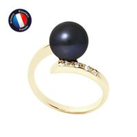 PERLINEA - Bague Véritable Perle de Culture d'Eau Douce Ronde 8-9 mm - Colori Black Tahiti - Diamant - Or Jaune - Bijou Femme