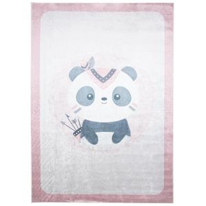 TAPIS Tapis Enfant Bébé Fille Chambre TAPISO Antidérapant Lavable Doux EMMA Rose Gris Blanc Imprimé Panda 140x200 cm