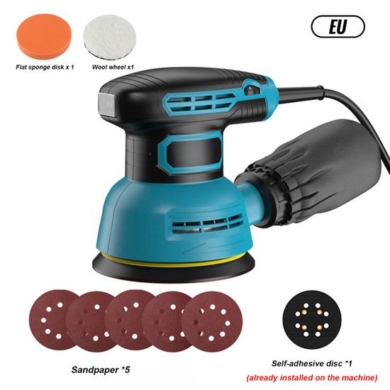 Ponceuse Excentrique FANZWORK 300W 125mm - 6 Vitesses Réglables 4000-12000 Tr/min - Avec Bac à Poussière Et 8 Papiers Abrasifs