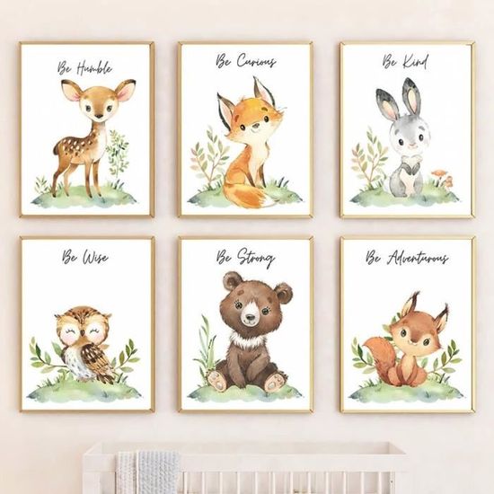 Youihom Lot De 4 Affiches Animaux De La Forêt - Posters Chambre Bébé Lapin Cerf Renard 21x30cm Sans Cadre