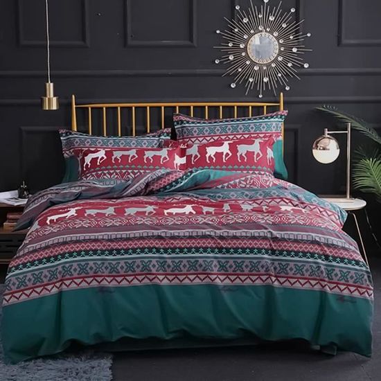 Housse De Couette Noël 220x240 Cm - Motif Flocons Wapiti Rouge/blanc, Microfibre, 2 Taies 65x65cm