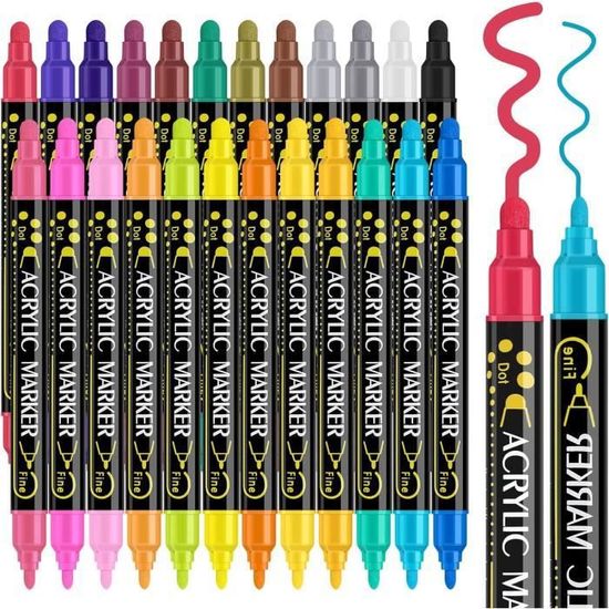 Marqueurs Acrylique 24 Couleurs – Double Pointe (Fine Et Ronde) Pour Peindre Sur Pierre, Toile, Bois, Etc. | Idéal Décorations Noël, Pâques
