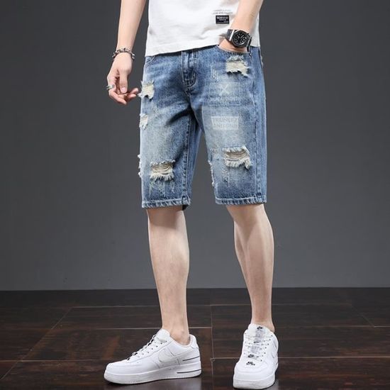 Short en Jean Homme D chir Slim Casual Bermuda Et Bleu