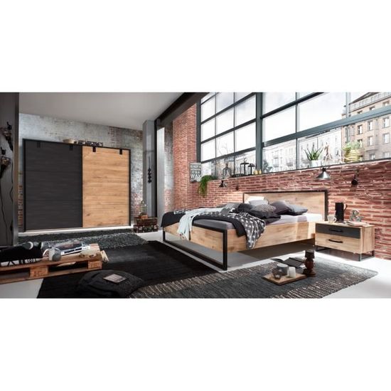 Lit Adulte 180x200 Cm Avec LEDs Intégrées + 2 Chevets - Style Chêne Hickory Et Finition Graphite - Ensemble Chambre Moderne