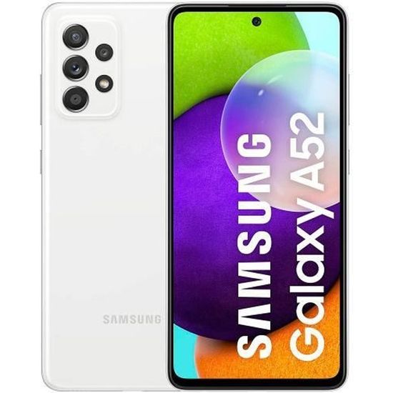 Téléphone portable SAMSUNG GALAXY A52 blanc, écran 6,5 "90 Hz FHD +, 2400 x 1080 pixels, 4G, Dual SIM, Android 11, processeur