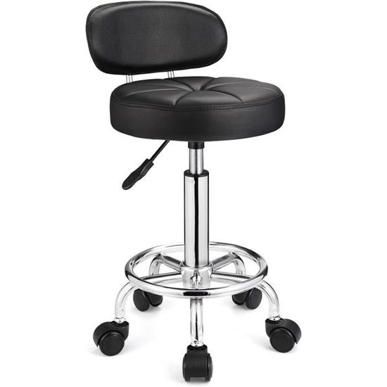 Tabouret à Roulettes Carré Noir - Hauteur Réglable Et Pivotant - Pour Salon, Bureau Ou Spa
