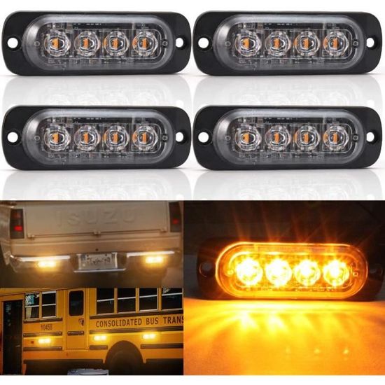 Feux Stroboscopiques LED - 12/24V - 18 Modes Clignotants - Jaune (4 LEDs) - Pour Voiture, Camion, 4x4, Véhicules De Chantier - Étanche Et Haute Visibilité - 11