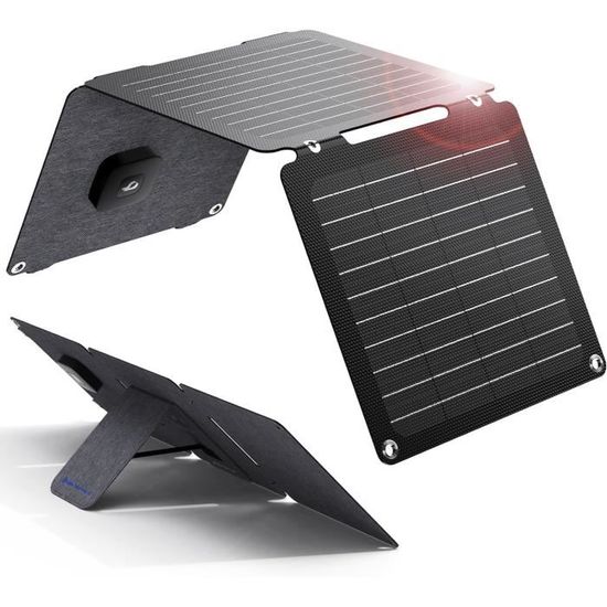 Panneau Solaire Portable 20W - Ports USB Et USB-C - Chargeur Solaire Monocristallin Pour Camping, Randonnée - Avec Mousquetons