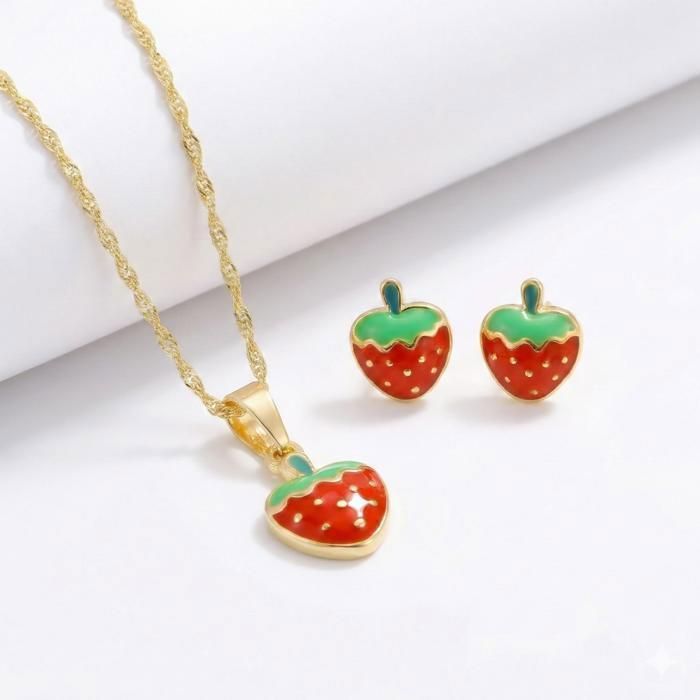 Boucles D'oreilles Enfant Créoles Cerises Rouge - Plaqué Or Jaune 18 Carats - Marque Bijouterie Papillon Bleu - Neuf