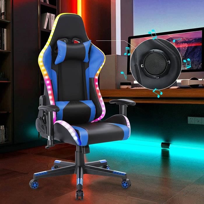 Chaise Gaming Fauteuil Gamer avec haut-parleur Bluetooth et lumière LED Noir et bleu