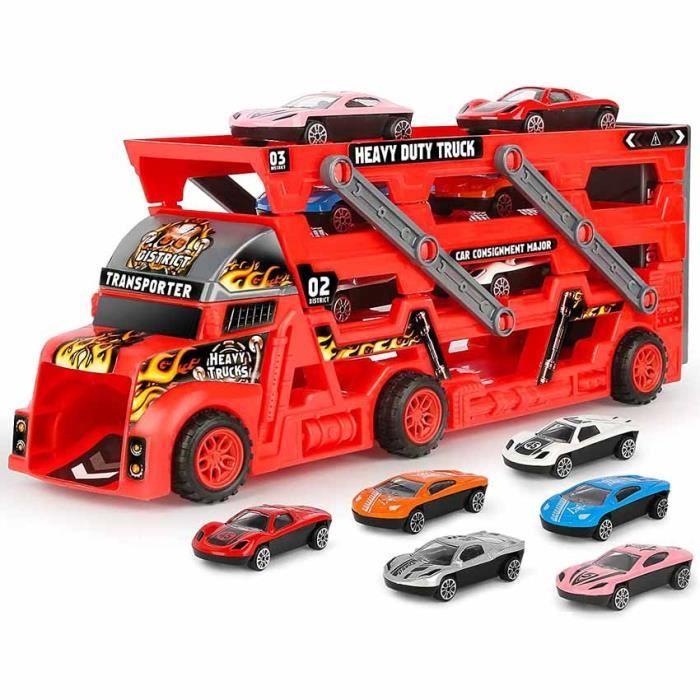 Camion Transporteur de Voitures avec 6 Mini Voitures en Métal Camion pour Enfant Garçons Filles (Rouge)