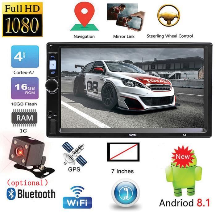 Autoradio SWM A4 2 Din 7- Lecteur MP5 pour Android 8.1 à écran tactile Navigation GPS Bluetooth WiFi USB FM avec camera
