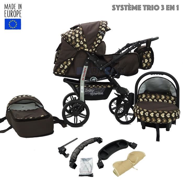 Brun avec coeurs X2 Poussette - Landau 3en1 avec siège auto Couffin Poussette canne, Roues Pivotantes