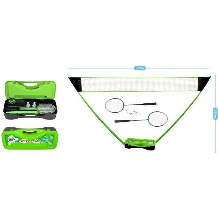 Set de Badminton complet avec filet 295 x 38 x 154 cm, raquettes, volants et étui de rangement