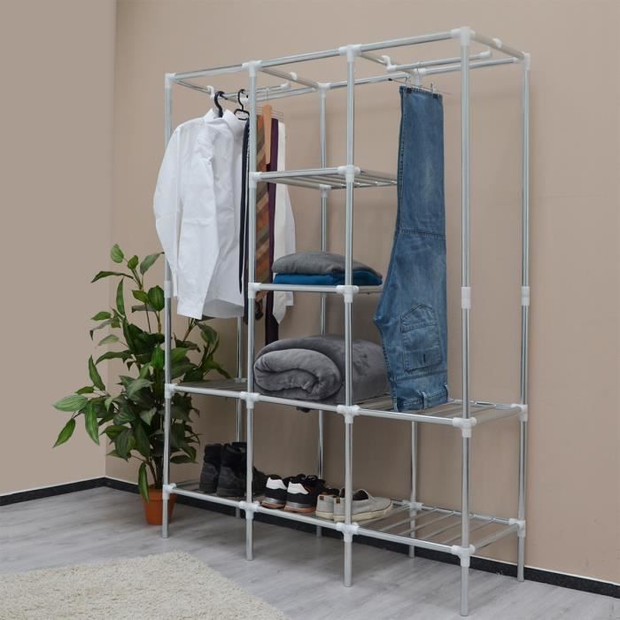 Étagère de Rangement modulaire moderne en tubes d'acier avec étagères et portant pour accrocher ranger vêtements provisions Argenté