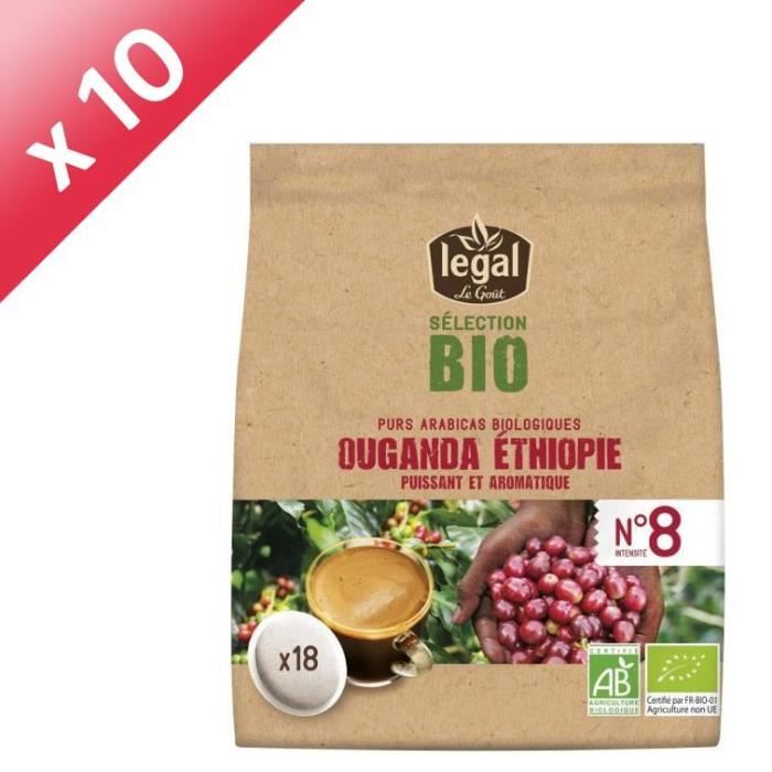 [LOT DE 10] LEGAL Cafés Selection Bio Ouganda Ethiopie - 18 Dosettes - 125 g