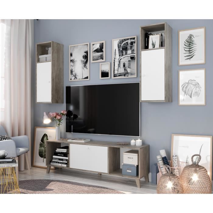 FINLANDEK Ensemble Meuble TV SVEN scandinave blanc mat et décor chêne brillant - L 160 cm