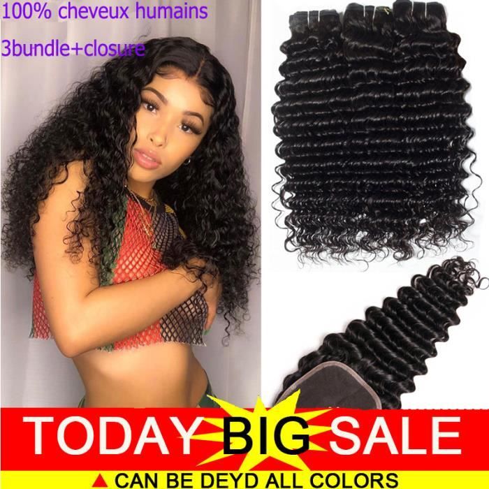 3 tissage bresilien avec closure deep wave 4*4 free part 8A 100g/p 18.18.18+16pouces cheveux naturels humains