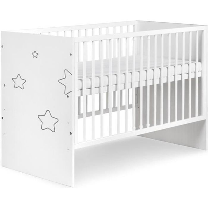 TINO Lit bébé à barreaux avec motifs étoiles - 120 x 60 cm - Pin Massif Blanc - 20 Kg
