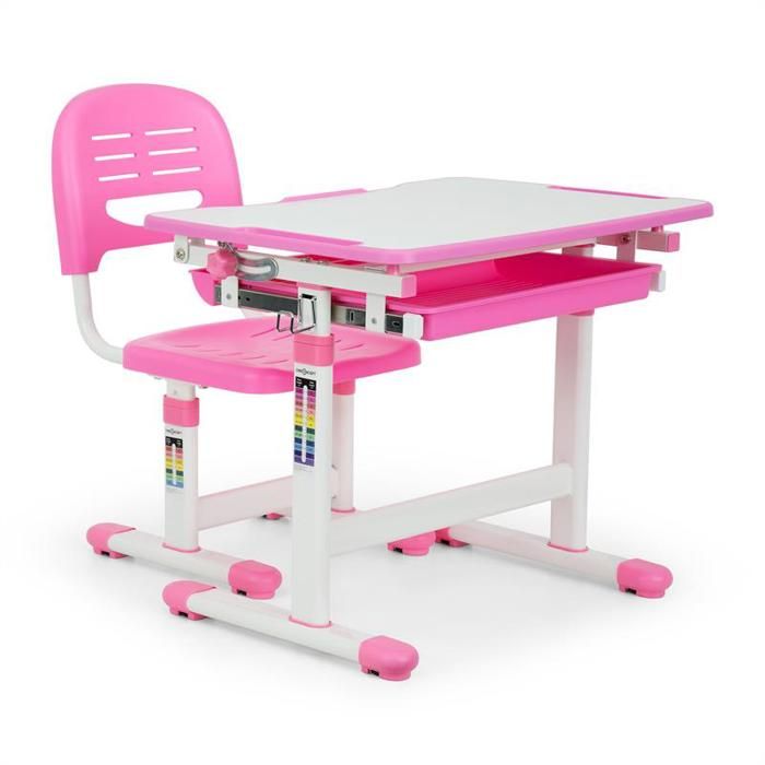 oneConcept Annika Set meuble 2 pièces pour enfant : Bureau ergonomique et stable & chaise - Eléments à hauteur réglable - Rose