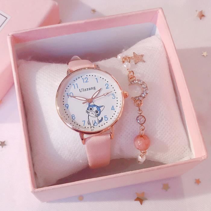 Coffret Montre enfant fille + bracelet fille étoile de lune quartz Motif chat dessin animé rose , Coffret Cadeau Bracelet pour Noël