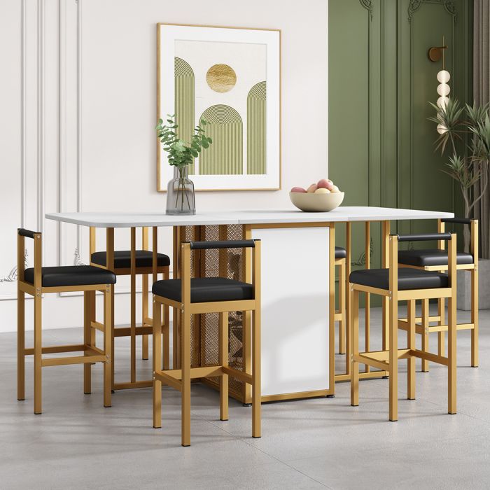 ensemble table à manger avec 6 chaises - table de salon extensible - 2 portes 2 etagère - contemporain&design - blanc+or