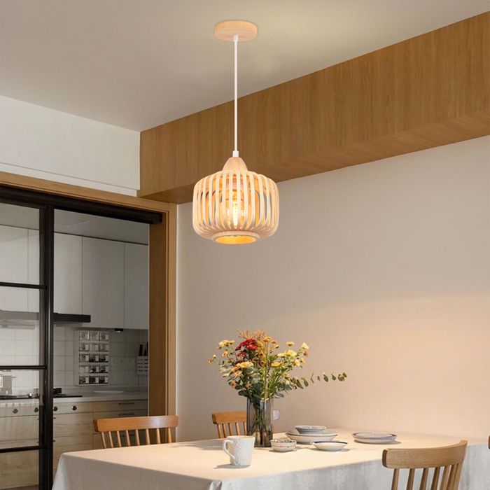 TOKIUS Suspension en Bambou Bois - Style Chinois Nouveau - Lustre E27 Vintage Ø18 cm - Luminaire pour Salon Salle à manger Café Bar