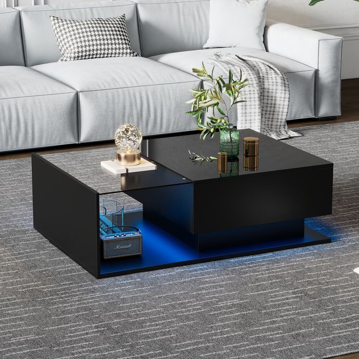 Table basse noir en verre avec tiroir led Style moderne salon100x50x32cm
