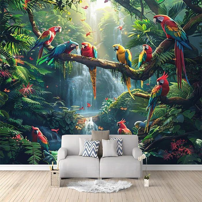 Papier Peint Effet 3D jungle animal oiseau perroquet cascade Photo Peintures Murales Salon Tv Canapé Thème 350x256cm