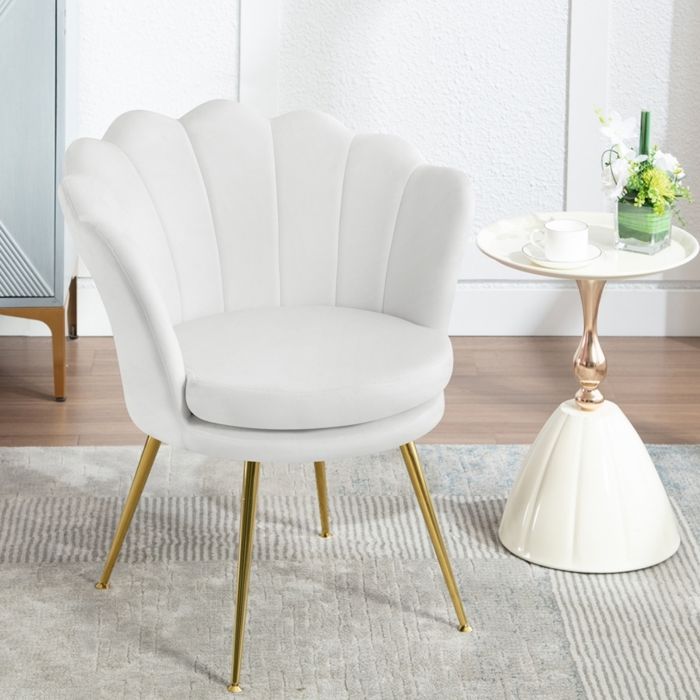 WOLTU Fauteuil Coquillage Salon - Dossier en Forme de Pétale - Chaise Velours Pieds en Métal - Blanc