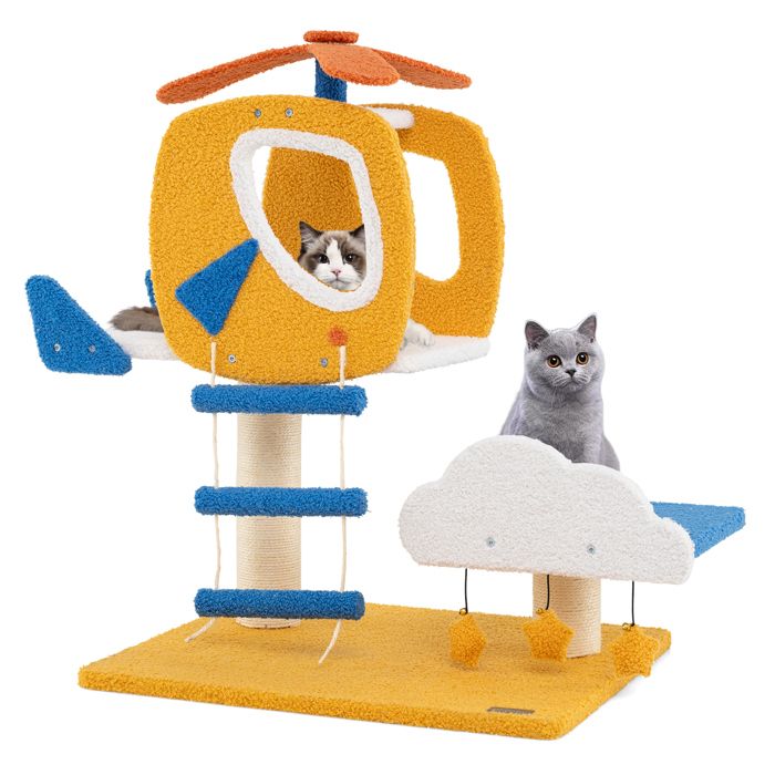 Meilleurs prix pour Arbre à Chat Multi-Niveaux 76 CM COSTWAY, Thème de l'Aviation, Perchoir en Forme d'Hélicoptère, Poteaux à Gratter, Plateforme