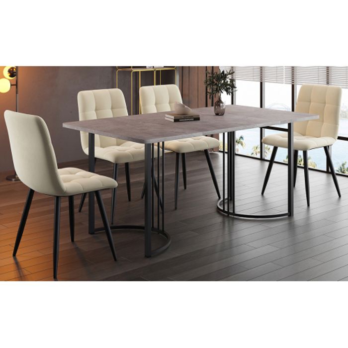Table à manger avec chaisespied rond en métal noirplateau de table en MDF gris avec 4 chaises en velours beige-HAUSS SPOLE