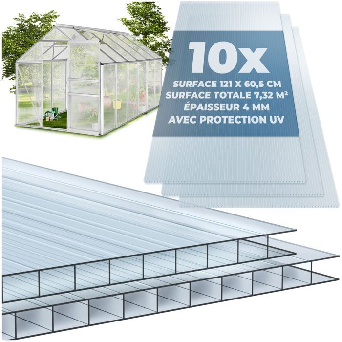 Parois découpables - TECTAKE - Lot 10 plaques doubles paroi en polycarbonate SHINY résistantes intempéries 121 x 605 x 04 cm
