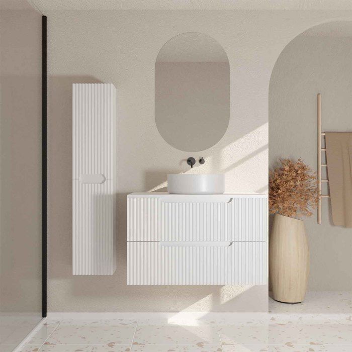Meuble et colonne de Salle de Bains LEON 80cm Blanc Neige - Façades Ondulées - Vasque Ronde 36cm
