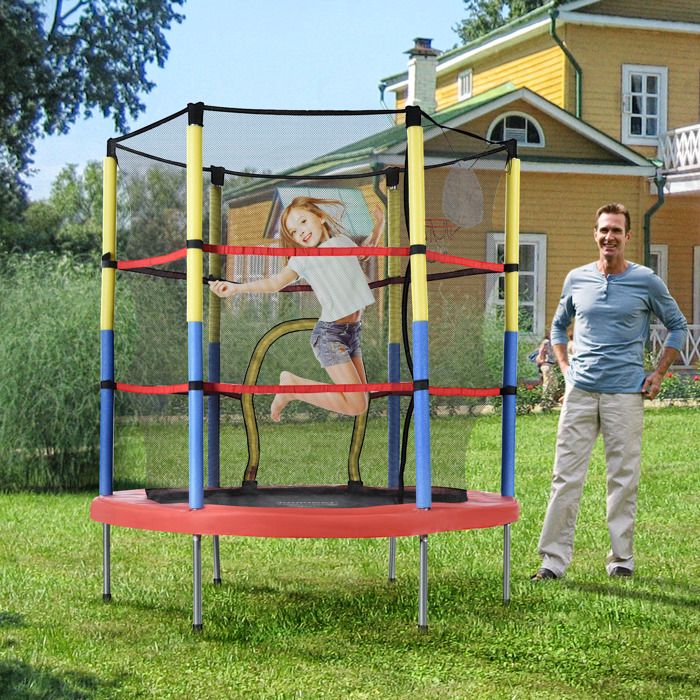 Panier De Basket Pour Trampoline – Fixation Facile, 4 Mini Ballons Et Pompe Inclus, Bleu 49x36 Cm
