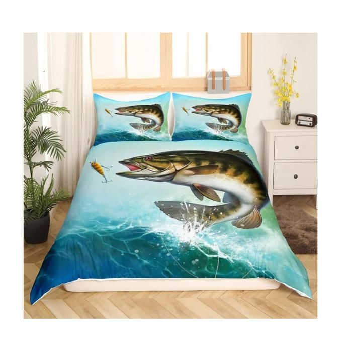 Housse de Couette 220x240 Pêche Parure de Lit 2 Personnes Poisson 3D Housses de Couettes Microfibre Douce Imprimée et 2 Taie - 0YY
