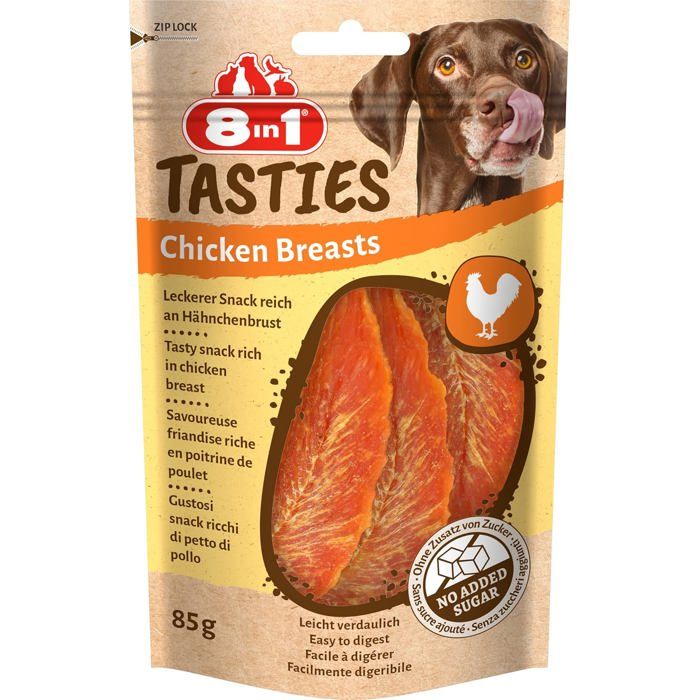 8in1 Tasties Chicken Breasts - Friandises sans sucres ajoutés pour Chiens - Faibles en matières Grasses - Riches en protéines 85 g 8in1 Tasties Chicken Breasts - Friandises sans sucres ajoutés pour Chiens - Faibles en matières Grasses - Riches en protéines 85 g
