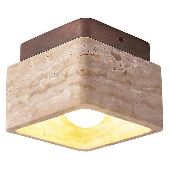 WOTTES Rétro Plafonnier LED en Pierre Carré E27 Plafonnier Créatif en bois Noyer Design Lampe de Plafond Salon Luminaire 1pcs