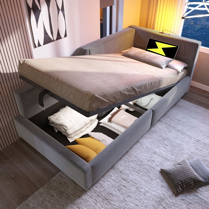 Lit Coffre 90x200cm avec Rangement Lit Rembourré avec USB Type-C et Lampe de lecture Lit Adolescent 1 Personne Velous Gris