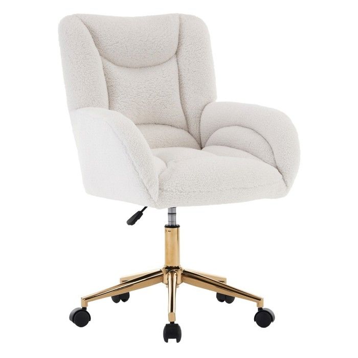 Fauteuil de Bureau Pivotant Blanc Tissu Teddy 64x62x92.5cm Réglable Hauteur Pieds Dorés Confort Domicile et Bureau Fauteuil de Bureau Pivotant Blanc Tissu Teddy 64x62x92.5cm Réglable Hauteur Pieds Dorés Confort Domicile et Bureau