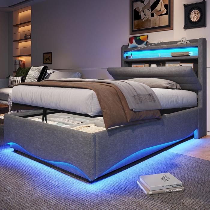 Lit coffre 90x200cm lit capitonné sans matelas LED mécanisme hydraulique ports USB Type-C compartiment de rangement lingris