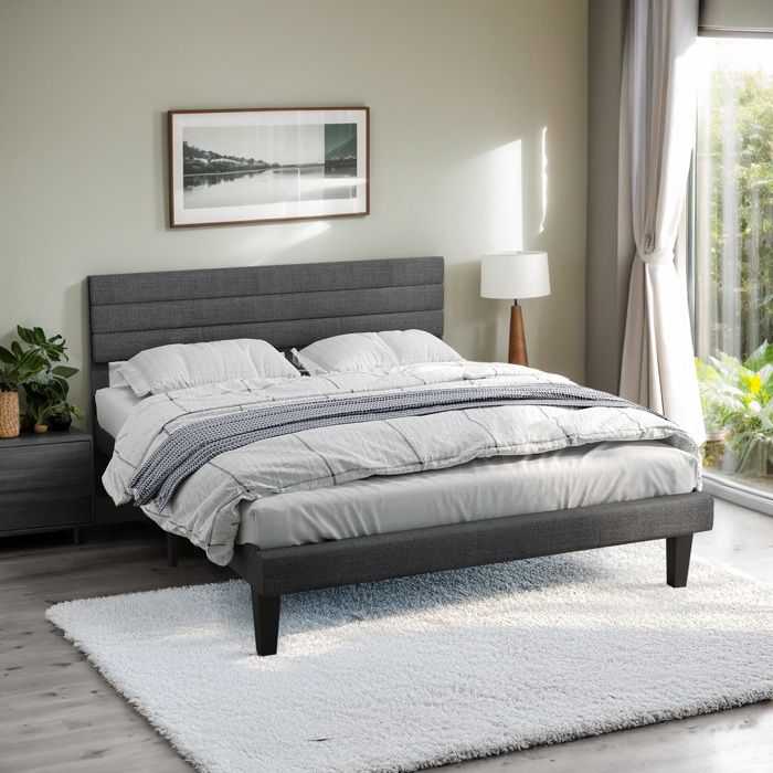 Lit 2 Personnes 160×200cm Cadre de lit avec sommier à Lattes et Tête de Lit Réglable en Hauteur Rembourrée Lin Gris