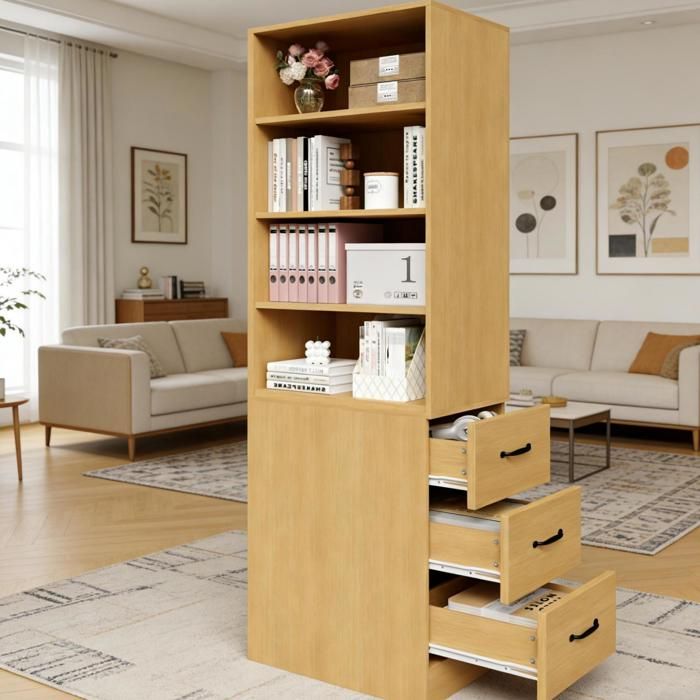 HOMVRA Bibliothèque 60x38x180 cm meuble de rangement avec 3 tiroirs et 2 étagères réglables couleur chêne