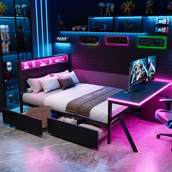 Lit combiné double 140×200 cm avec tête de lit LED bureau LED et 2 tiroirs sans matelas noir - UVRION