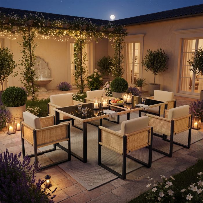 Ensemble Salon de Jardin en Polyrotin – Table et 6 Chaises avec Fauteuils Mobilier de Jardin Housses Amovibles et Lavables
