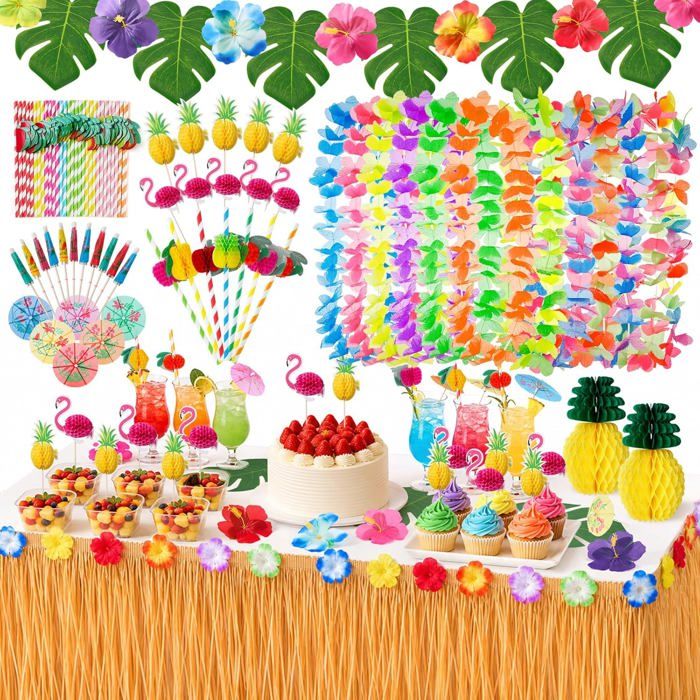 Set de décoration jupe de table hawaïenne Luau - 96 FT 12 guirlandes 2 ananas 3D feuilles de palmier fleurs hawaïennes - Fête L